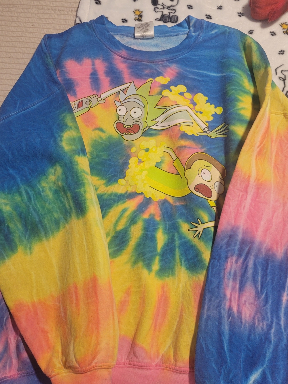 Ripple Junction Mens Tie-Dye Rick & Morty Crewneck - Blue, Yellow, Pink, Green